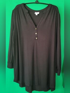 Kim Rogers Cotton Women Black Long-Sleeve Henley Tunic Top Sz XL Stretchy Casual